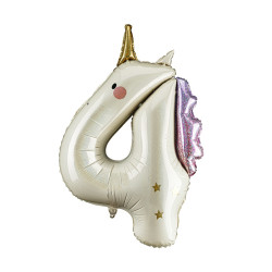 Foil balloon Number 4 Unicorn - cream holo 93 cm