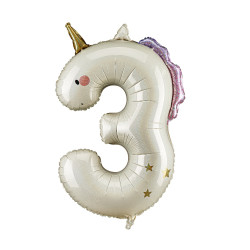 Balon foliowy Cyfra 3 Jednorożec - kremowy holo 93 cm