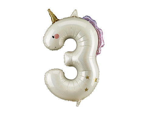 Balon foliowy Cyfra 3 Jednorożec - kremowy holo 93 cm