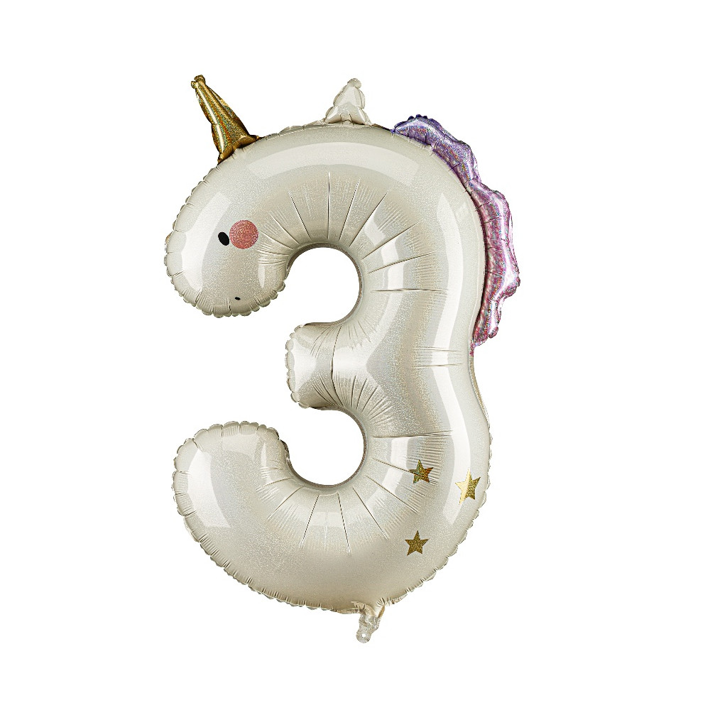 Foil balloon Number 3 Unicorn - cream holo 93 cm