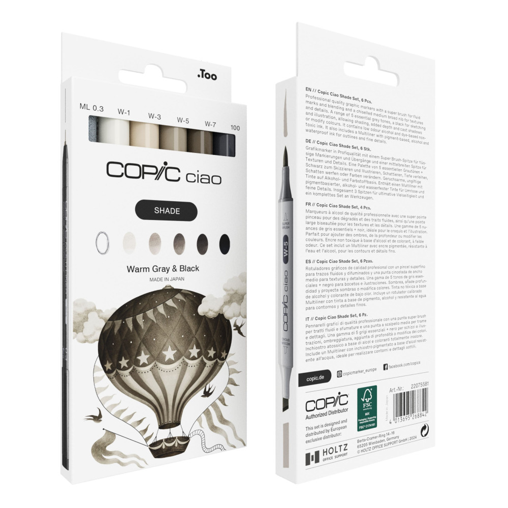 Set of Copic Ciao Shade dual-tip alcohol-based markers - Warm Gray & Black 6 pcs