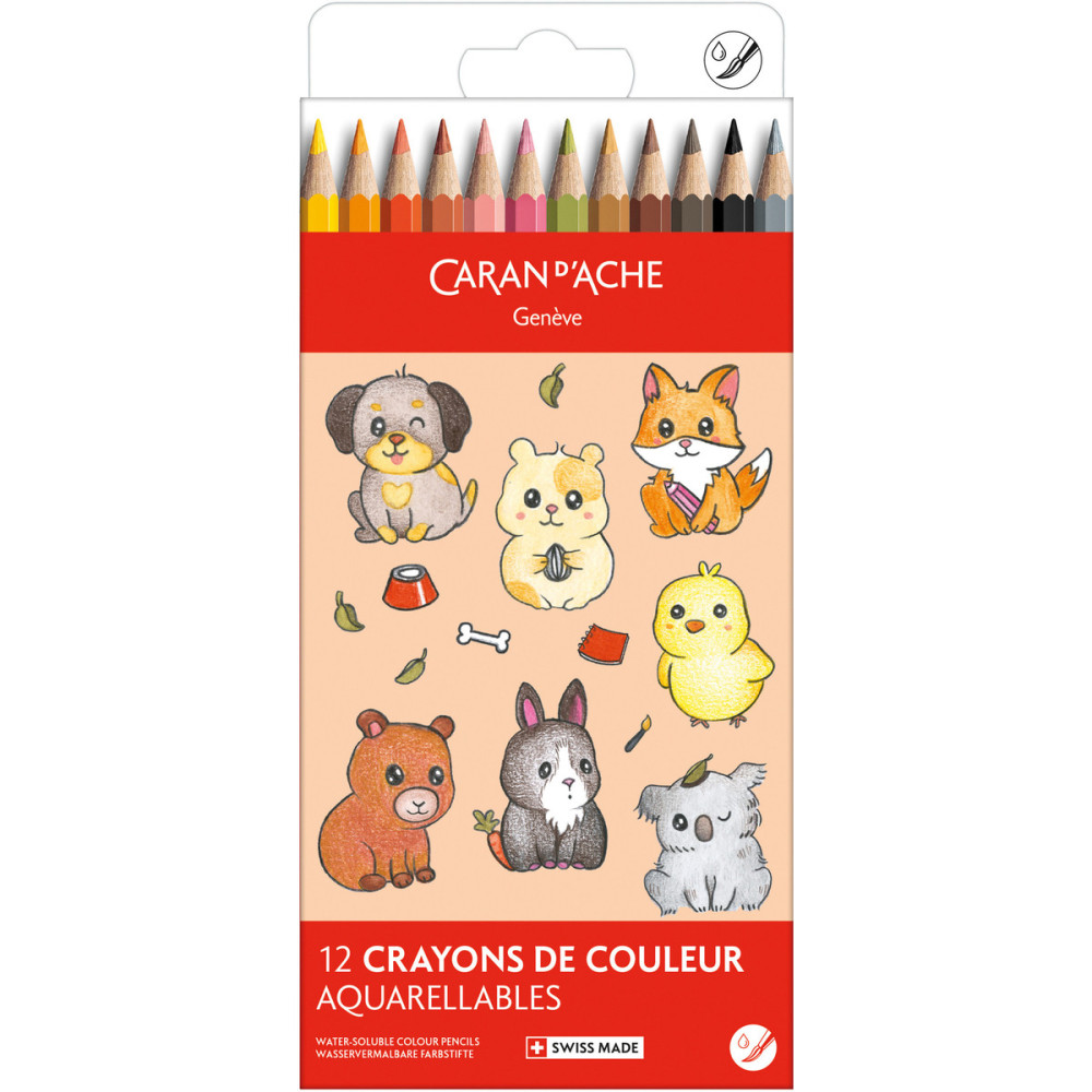 Set of watercolor Swisscolor Kawaii Animals - Caran d'Ache - 12 pcs
