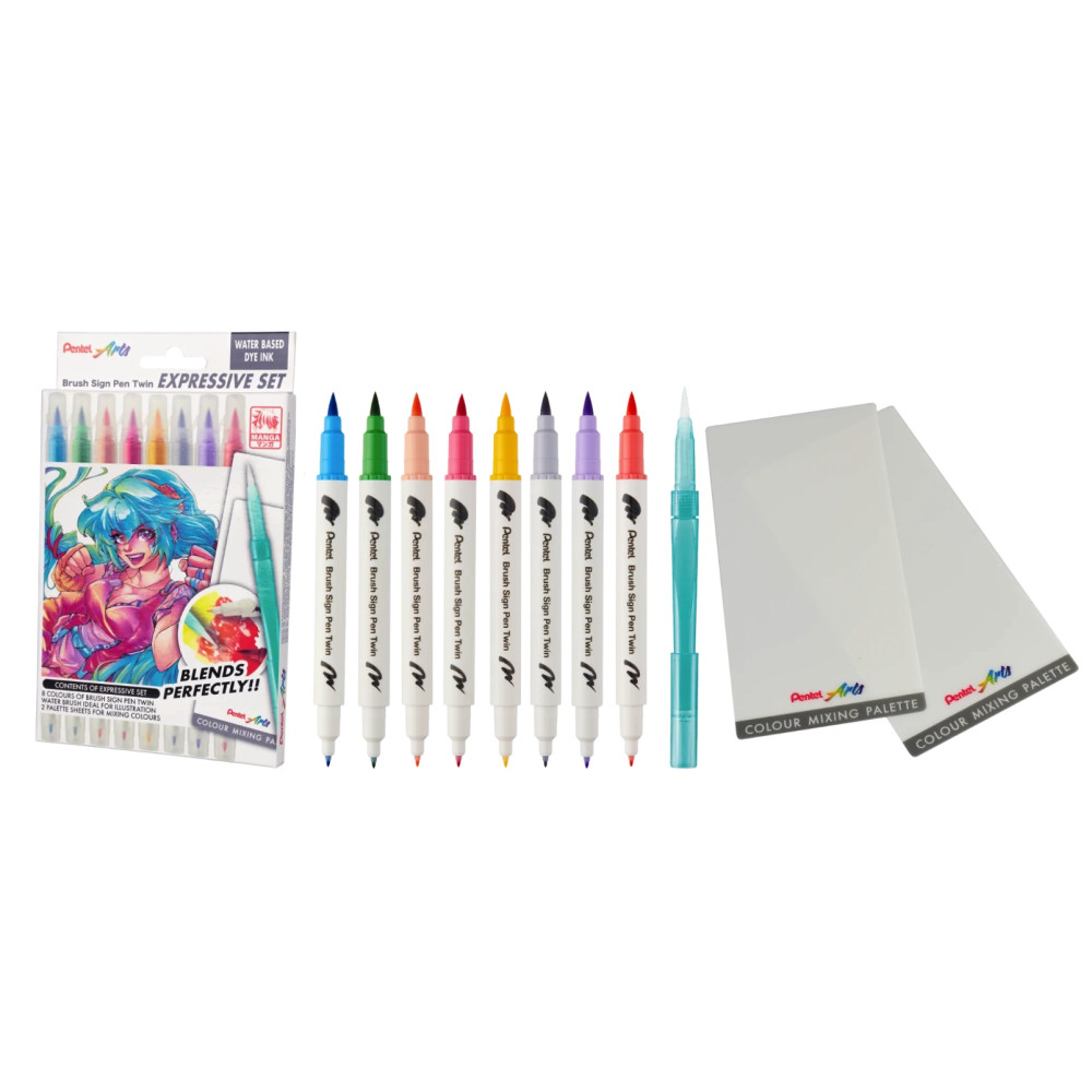 Set of Brush Sign Pen Twin Set Manga - Pentel - 8 pcs.