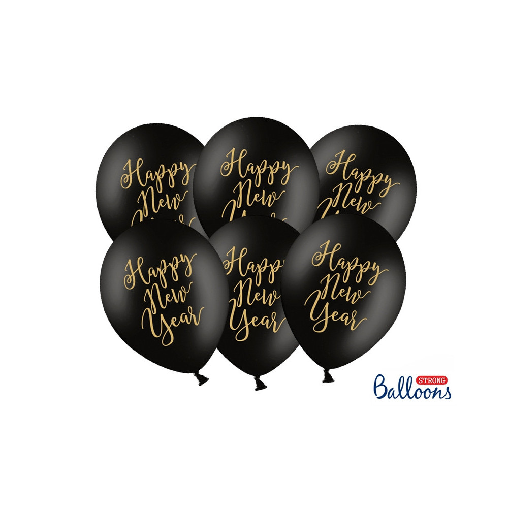 Balony Happy New Year - czarne, 30 cm, 50 szt.