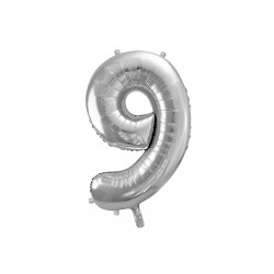 Balon foliowy cyfra 9 - srebrny, 86 cm