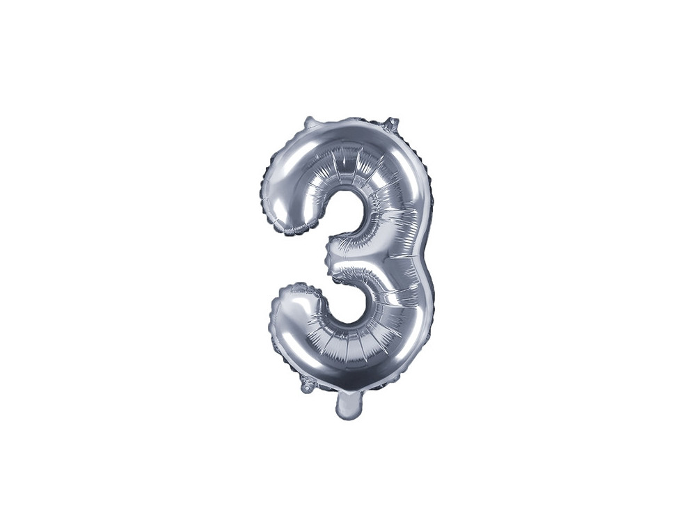 Balon foliowy cyfra 3 - srebrny, 35 cm