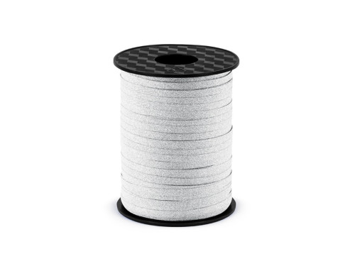 Wstążka plastikowa do balonów - srebrna brokatowa, 5 mm x 225 m