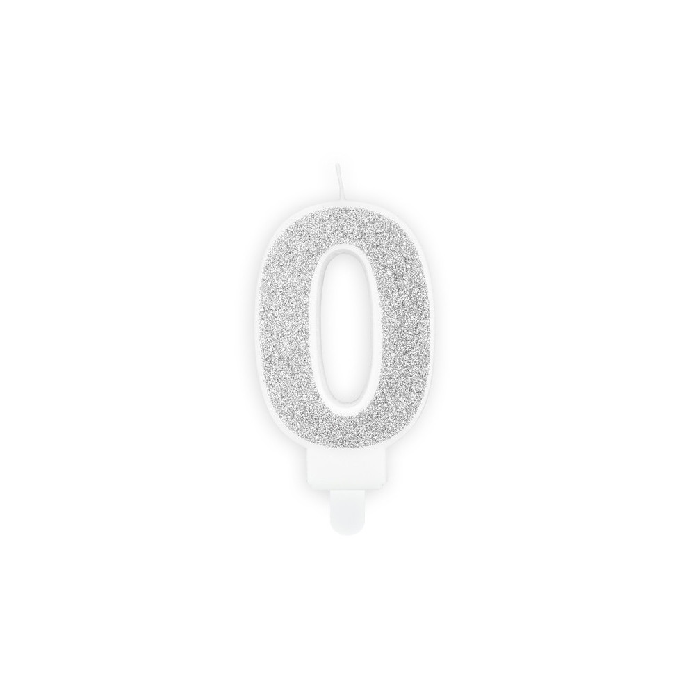 Świeczka urodzinowa cyferka 0 - brokatowa, srebrna