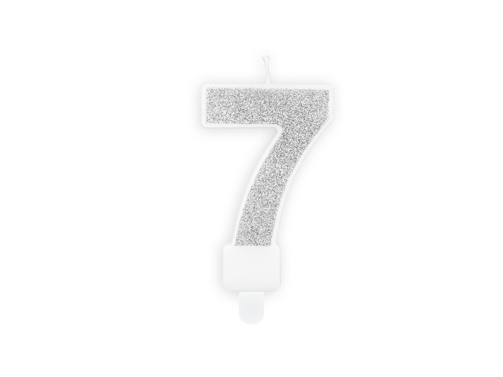 Świeczka urodzinowa cyferka 7 - brokatowa, srebrna