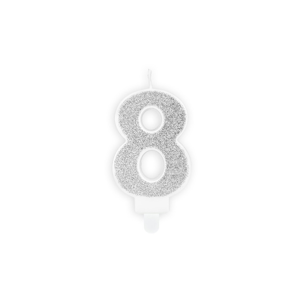 Świeczka urodzinowa cyferka 8 - brokatowa, srebrna
