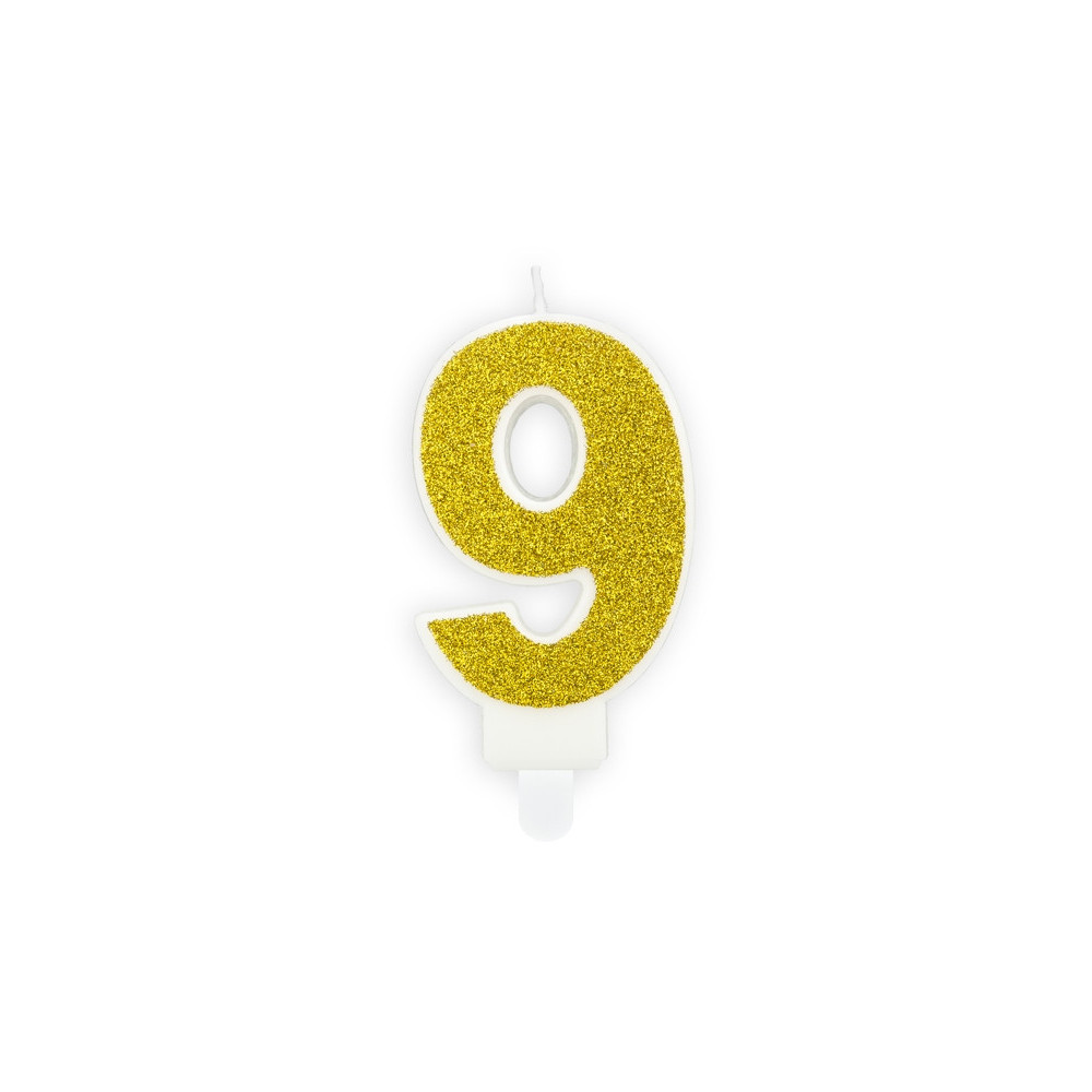 Świeczka urodzinowa cyferka 9 - brokatowa, złota