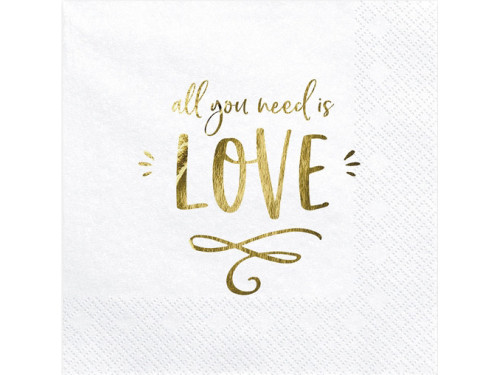 Decorative All you need is love napkins - white and gold, 20 pcs.