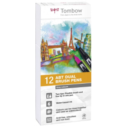 Pisaki pędzelkowe, dwustronne - Tombow - Grey, 12 szt.