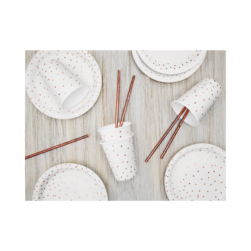 Dotted paper plates - white / rose gold, 6 pcs.