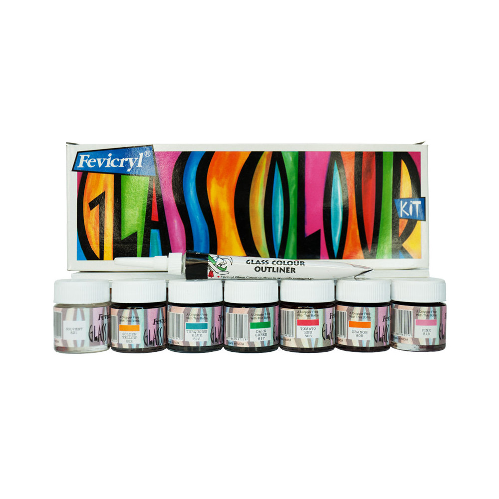 Zestaw farb do szkła z konturówką - Fevicryl - Pidilite - 7 kolorów x 10 ml