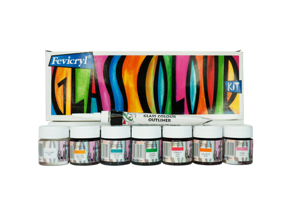 Zestaw farb do szkła z konturówką - Fevicryl - Pidilite - 7 kolorów x 10 ml
