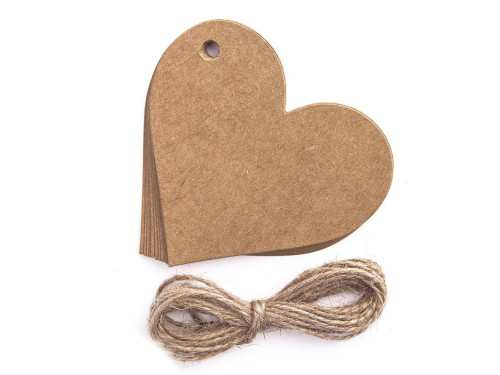 Craft tags with string hearts - kraft, 12 pcs.