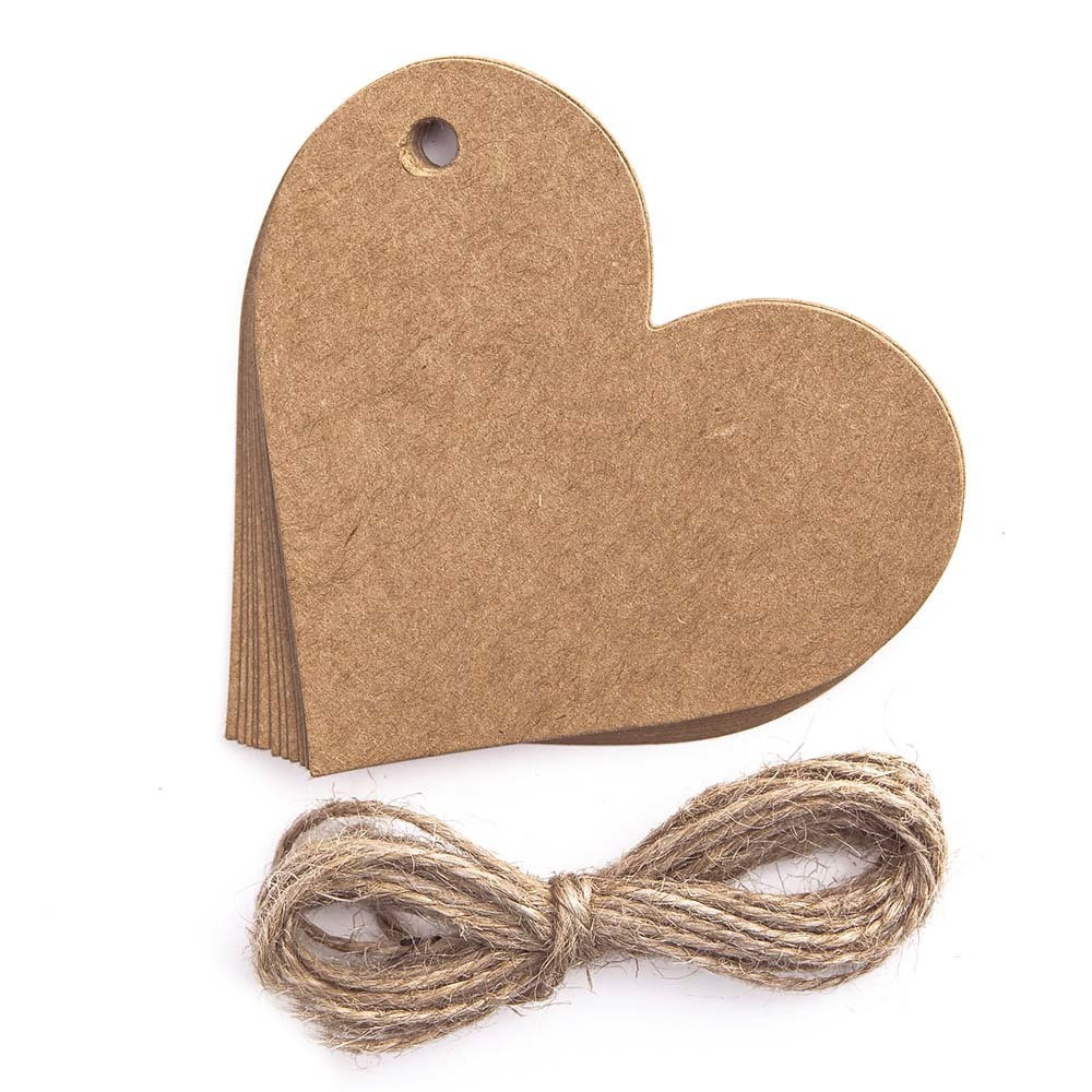 Craft tags with string hearts - kraft, 12 pcs.