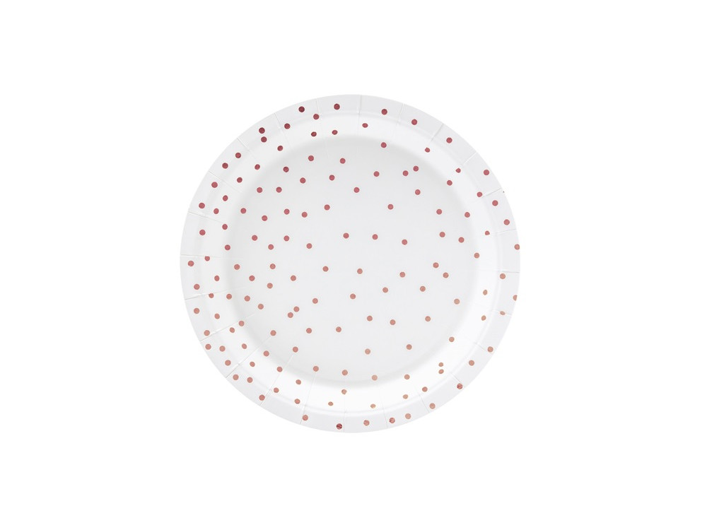 Dotted paper plates - white / rose gold, 6 pcs.