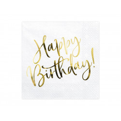 Serwetki Happy Birthday - biało-złote, 33 x 33 cm, 20 szt.