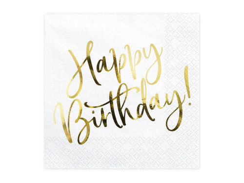 Happy Birthday napkins - white and gold, 33 x 33 cm, 20 pcs.