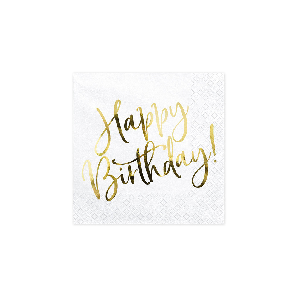 Happy Birthday napkins - white and gold, 33 x 33 cm, 20 pcs.