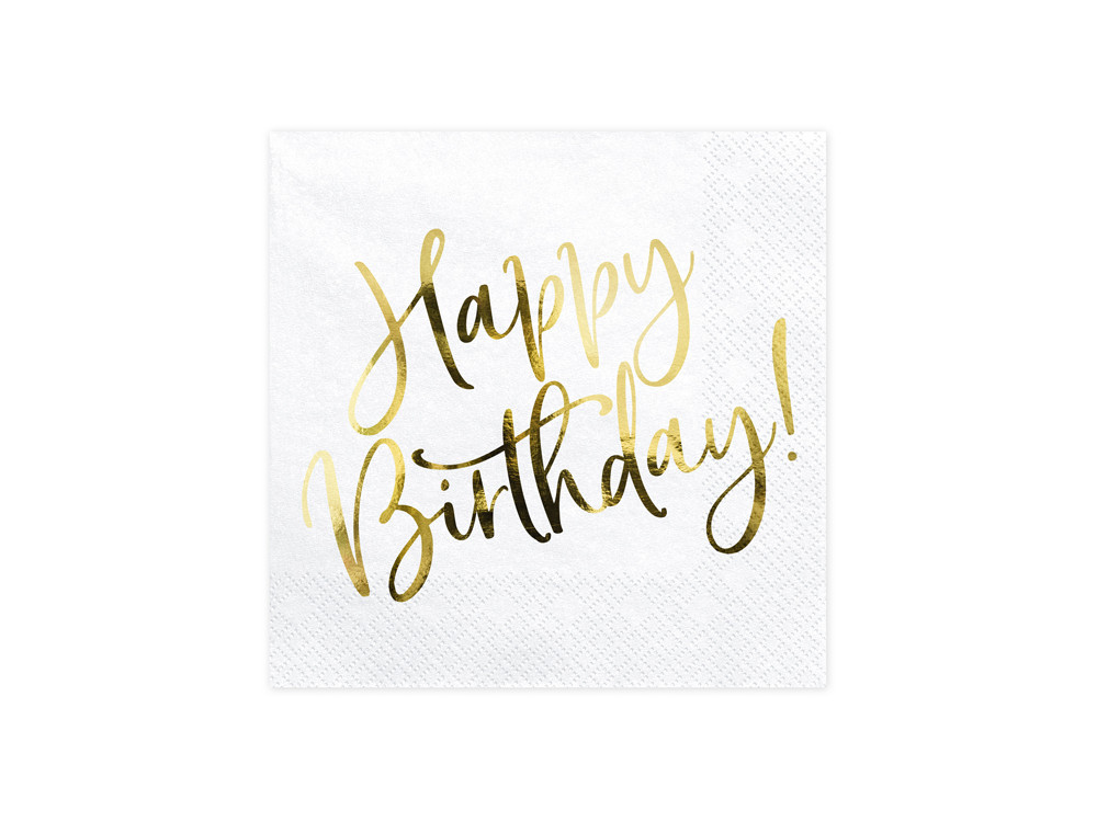 Happy Birthday napkins - white and gold, 33 x 33 cm, 20 pcs.