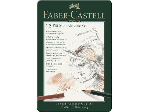 Zestaw rysunkowy Pitt Monochrome w kasecie metalowej - Faber-Castell - 12 szt.