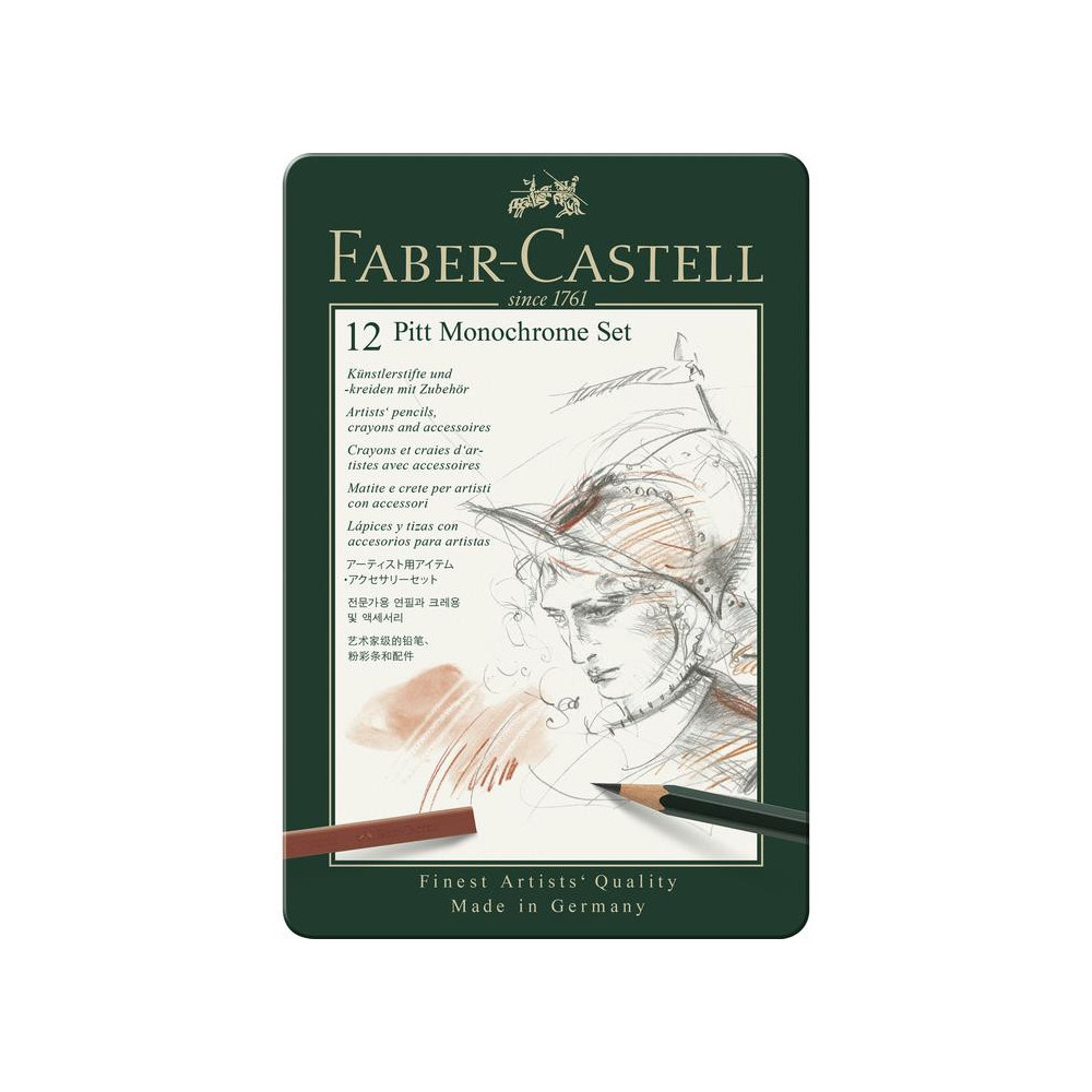 Zestaw rysunkowy Pitt Monochrome w kasecie metalowej - Faber-Castell - 12 szt.