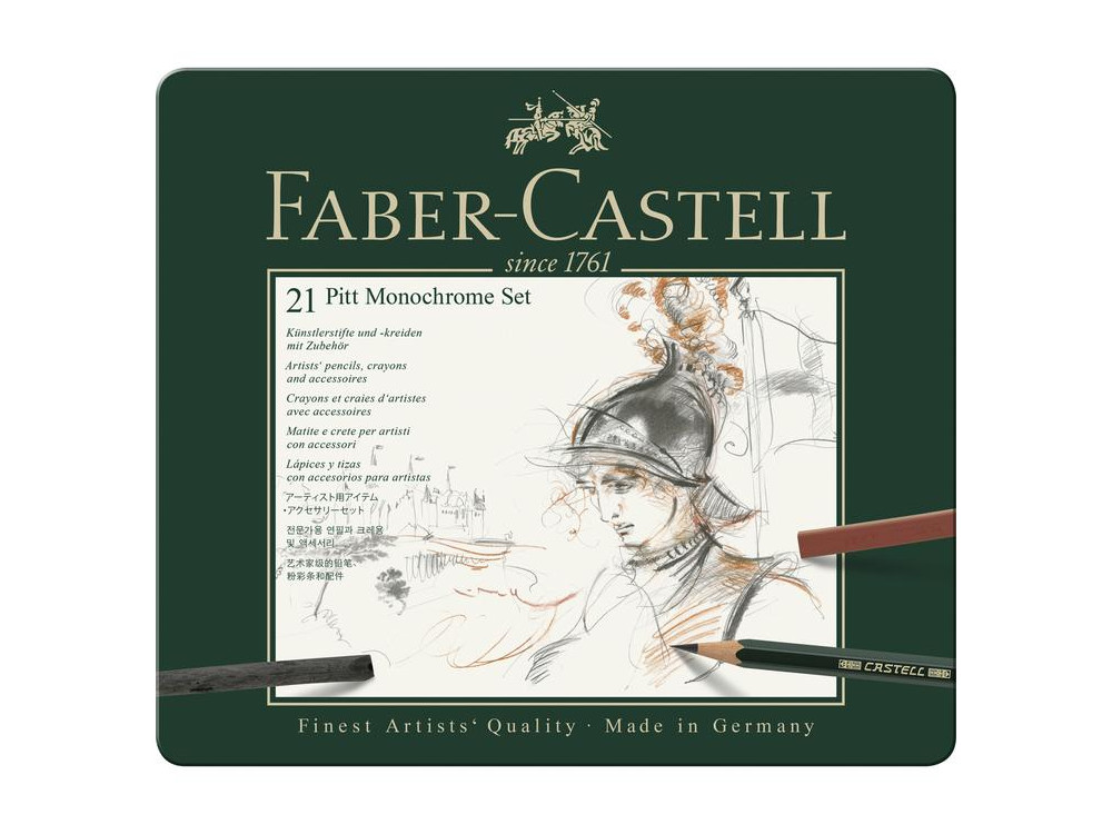 Zestaw rysunkowy Pitt Monochrome w kasecie metalowej - Faber-Castell - 21 szt.