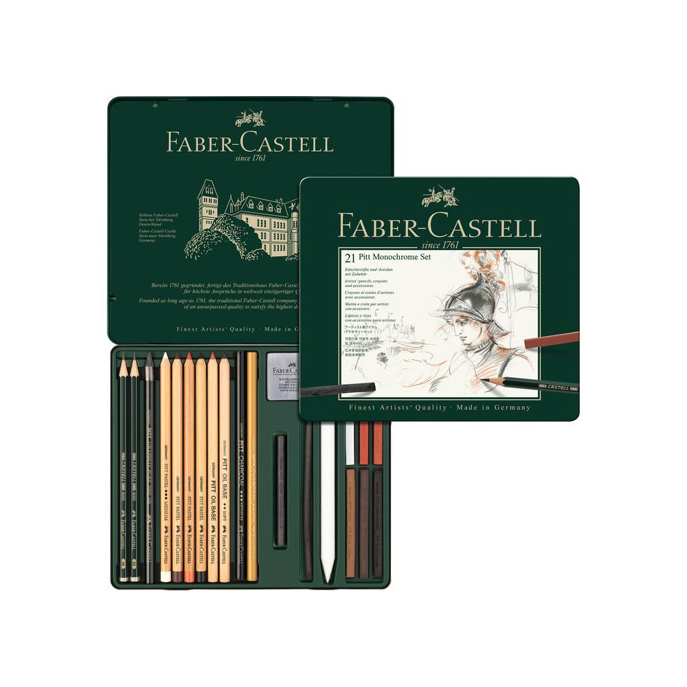 Zestaw rysunkowy Pitt Monochrome w kasecie metalowej - Faber-Castell - 21 szt.
