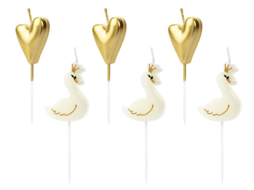 Birthday candles Lovely Swan - white and gold, 6 pcs.