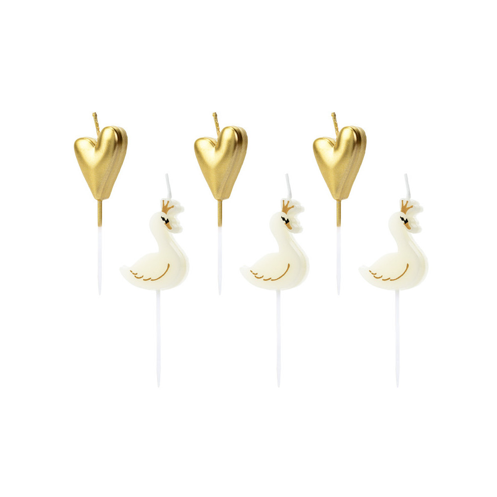 Birthday candles Lovely Swan - white and gold, 6 pcs.