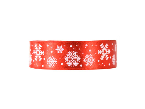 Satin ribbon Snowflakes - red, 25 mm x 22 m