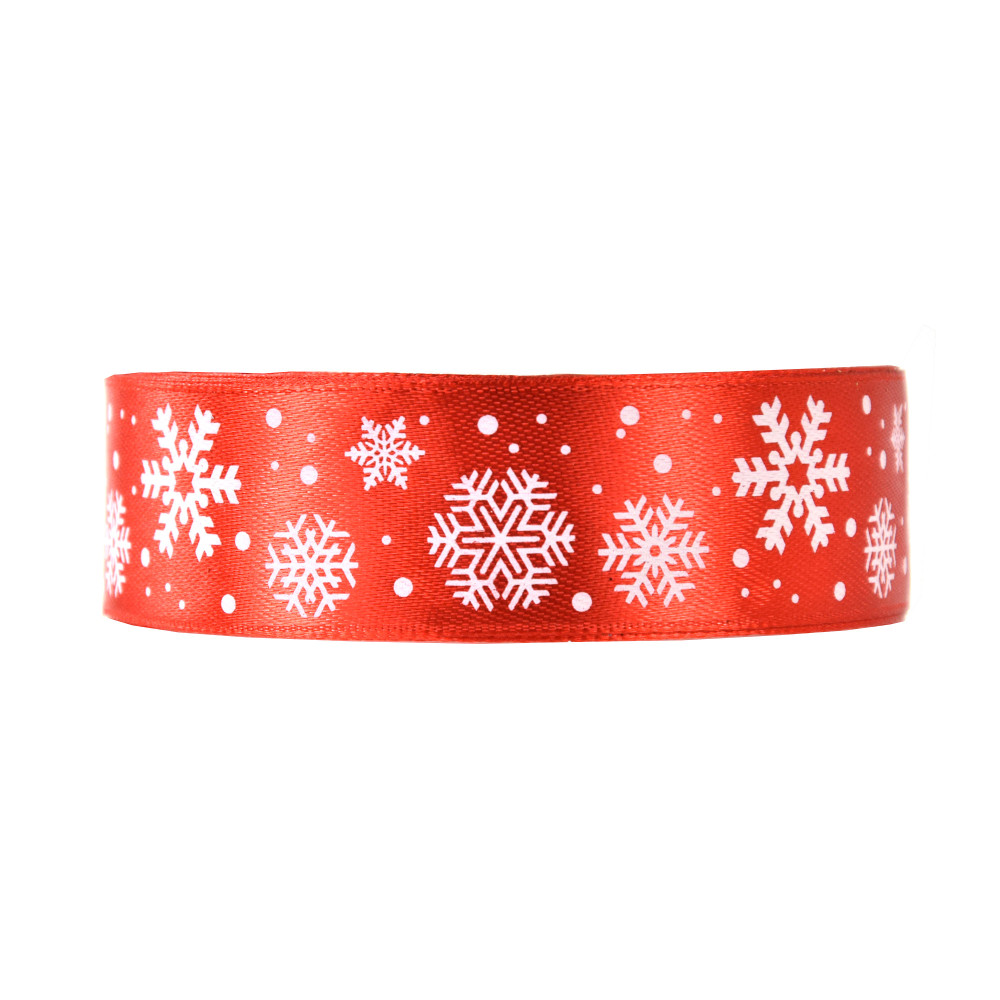 Satin ribbon Snowflakes - red, 25 mm x 22 m