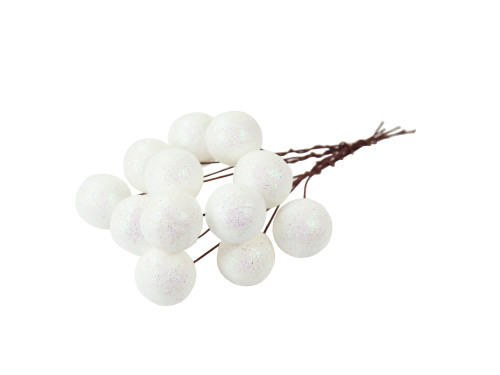 Glitter baubles on wires - holographic white, 25 mm, 12 pcs.