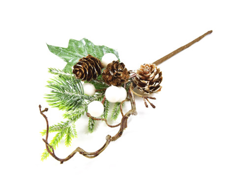 Spruce twig with cones and white berries - small, 21 cm