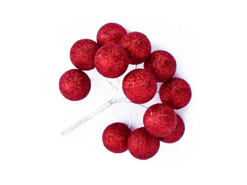 Glitter baubles on wires - red, 25 mm, 12 pcs.