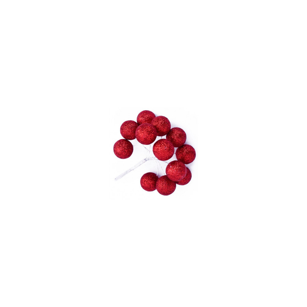 Glitter baubles on wires - red, 25 mm, 12 pcs.