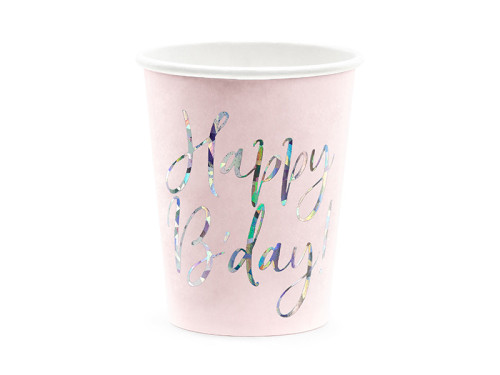 Paper cups Happy Birthday - light pink, 220 ml, 6 pcs.