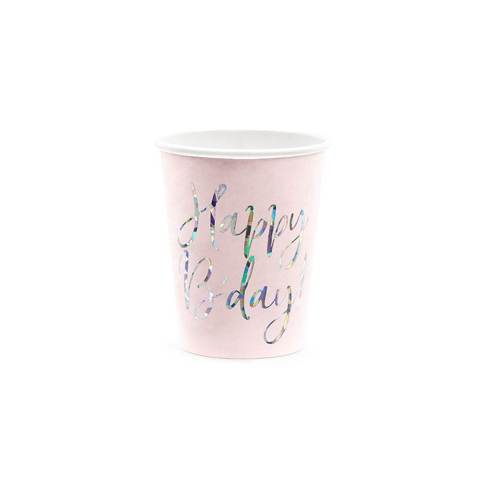 Paper cups Happy Birthday - light pink, 220 ml, 6 pcs.