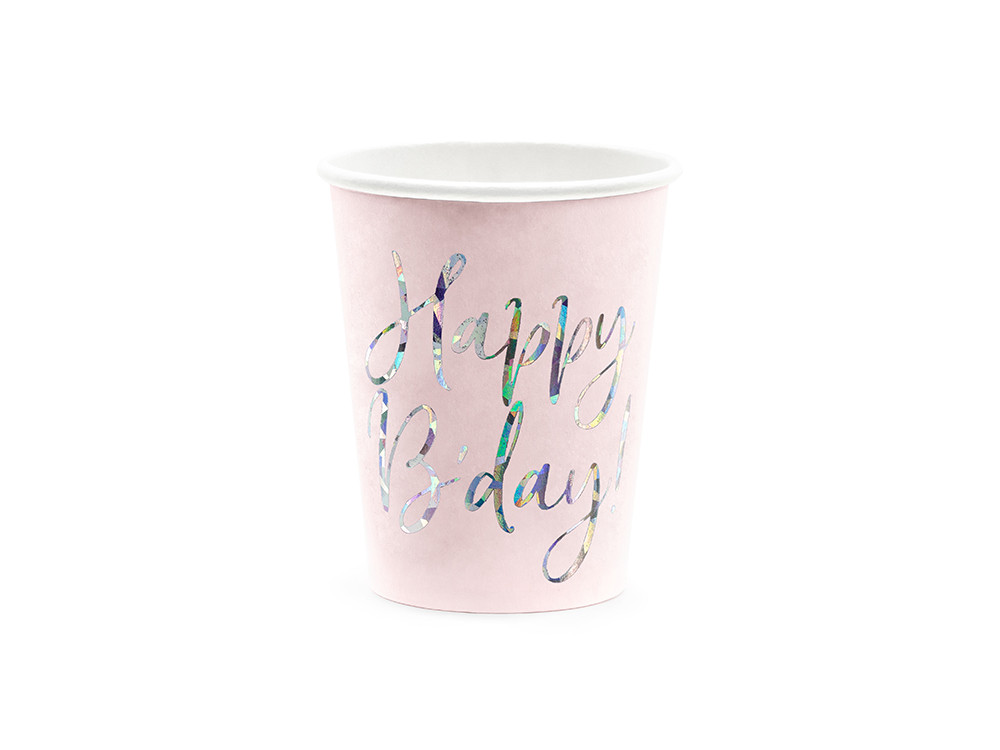 Paper cups Happy Birthday - light pink, 220 ml, 6 pcs.