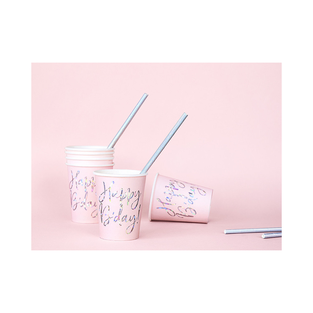 Paper cups Happy Birthday - light pink, 220 ml, 6 pcs.