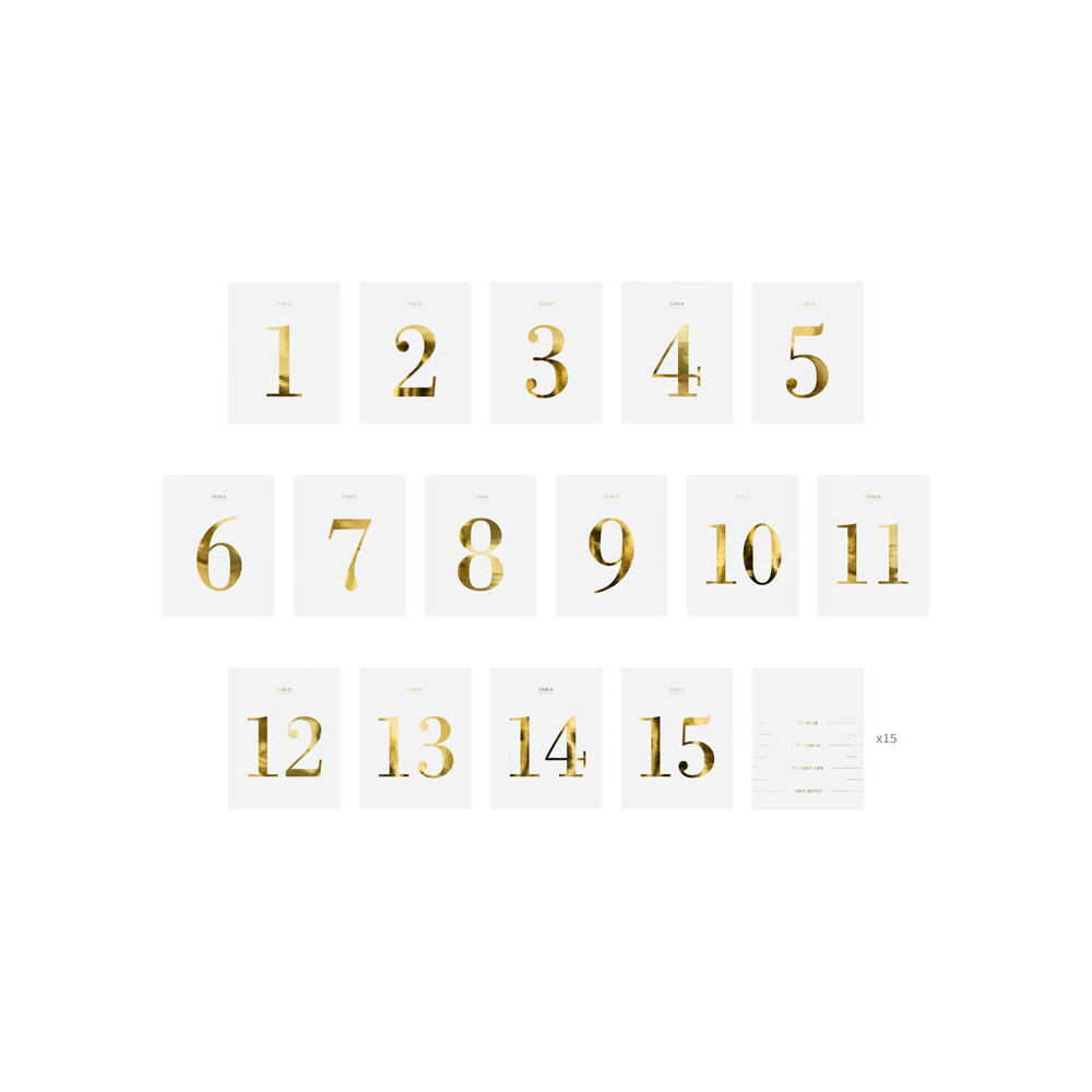 Zestaw naklejek z numerami na stół - biało-złote, 30 szt.