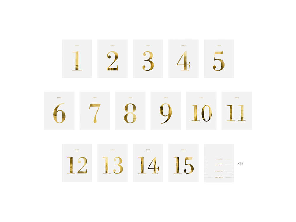 Bottles stickers, table numbers - white and gold, 30 pcs.