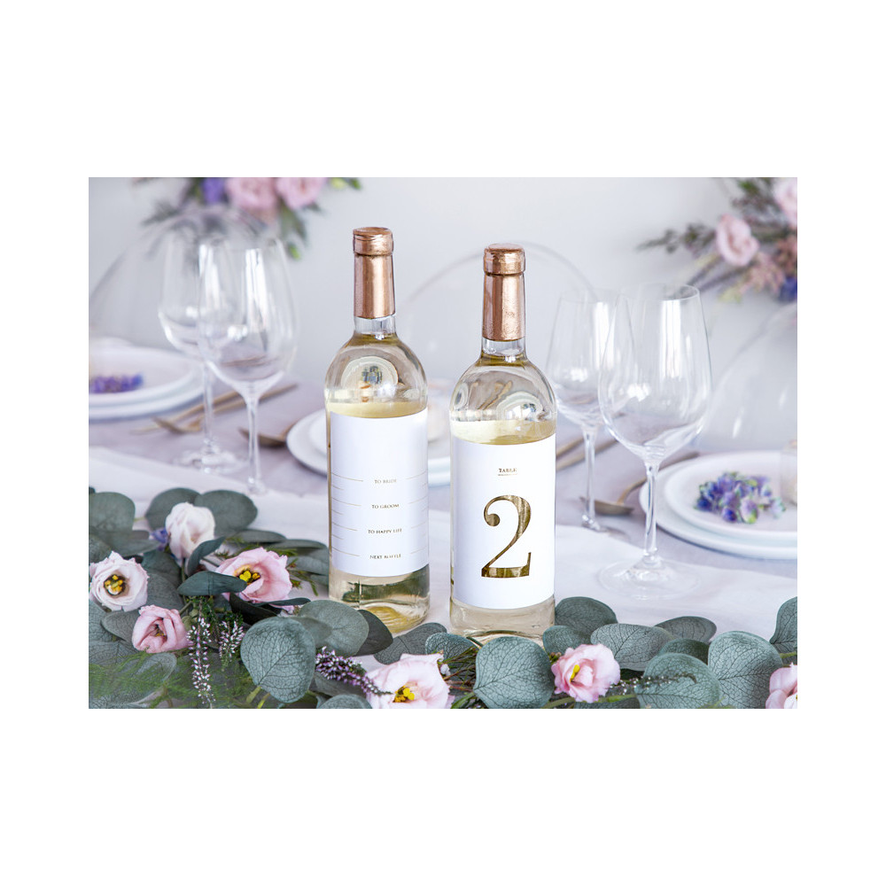 Bottles stickers, table numbers - white and gold, 30 pcs.