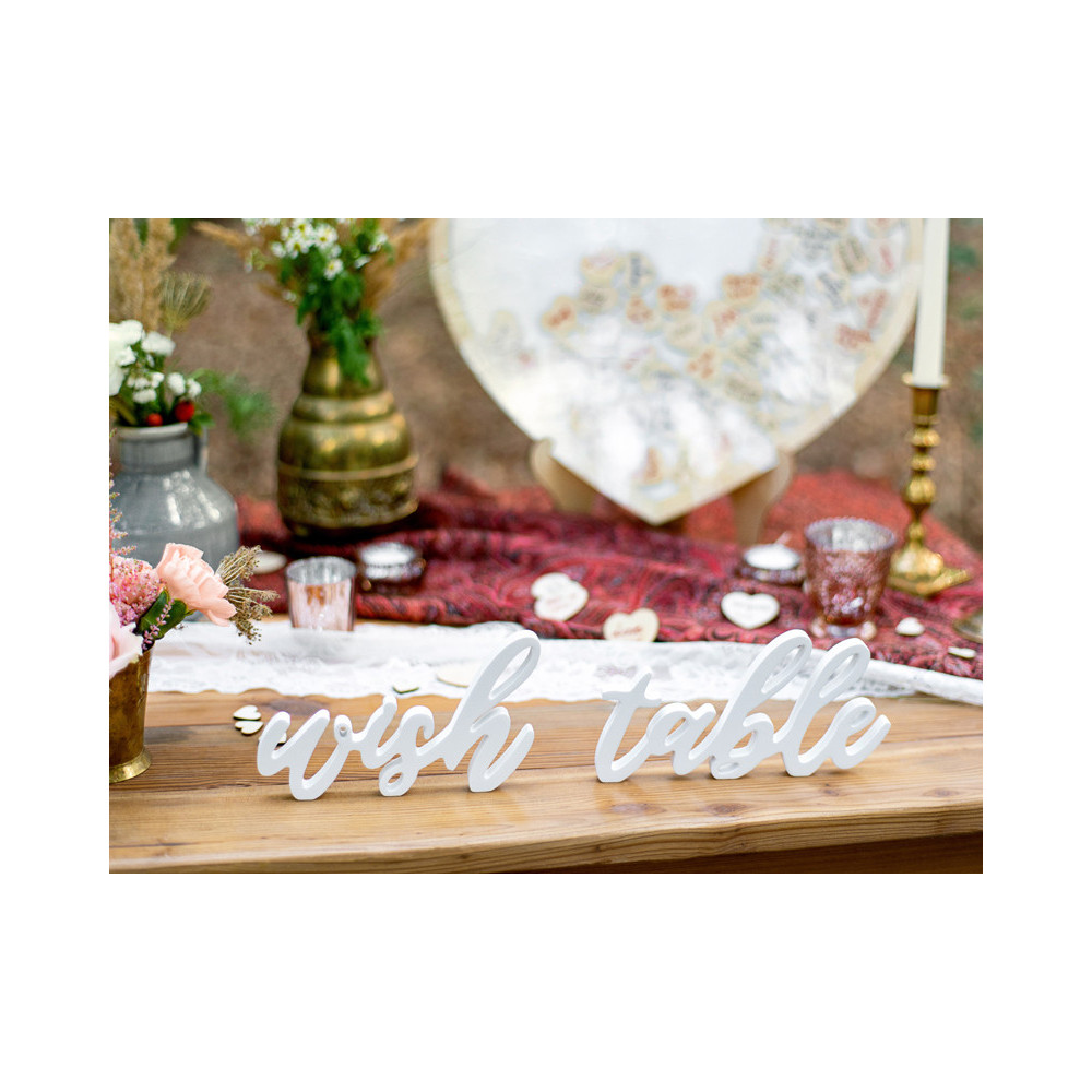 Wooden sign Wish table - white, 10 x 40 cm