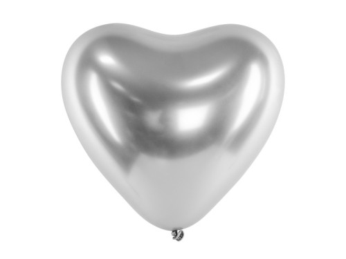 Glossy heart balloons - silver, metallic, 30 cm, 50 pcs.