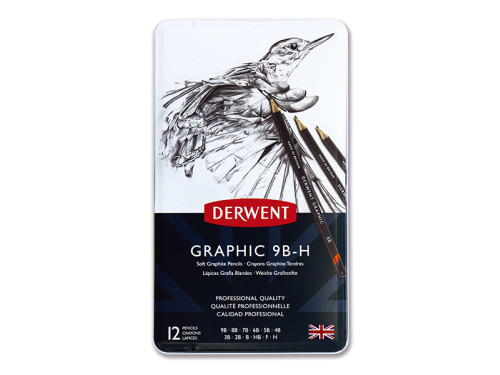 Zestaw ołówków technicznych Graphic w metalowym etui - Derwent - soft, 12 szt.