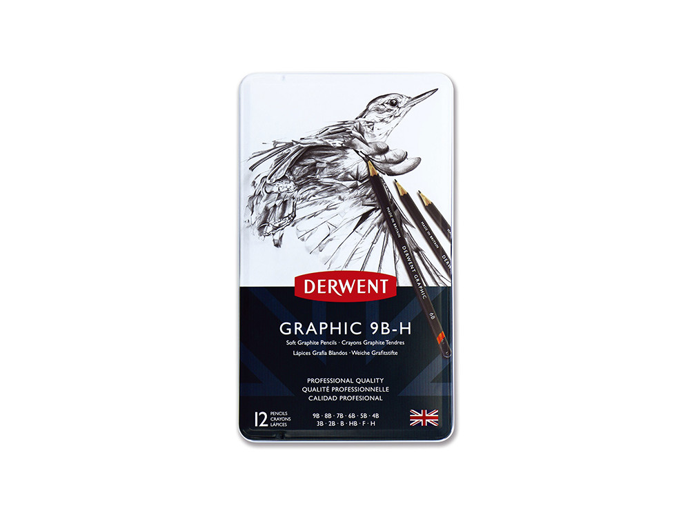 Set of Graphic pencils in metal case - Derwent - soft, 12 pcs.